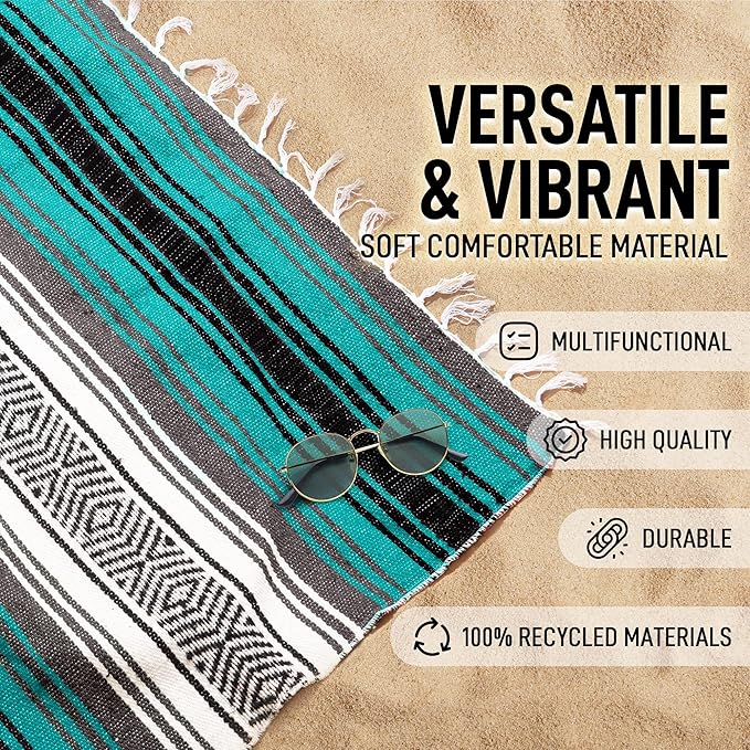 Authentic Extra Large Mexican Blanket - 70x50 Handwoven Yoga Serape Artisanal Falsa Beach Camping Picnic Outdoor Blanket (Emerald)