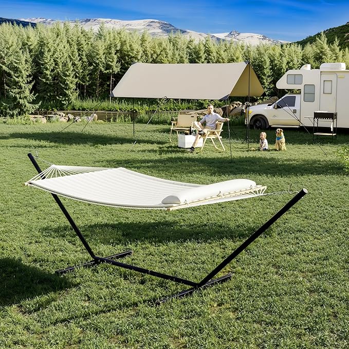 Ultra-Comfort 2-Person Hammock Set with Foldable Steel Frame – Heavy-Duty Outdoor Lounger for Garden Camping &amp Patio (450lb Capacity + Quick-Stow Carry Bag)White (Flat)