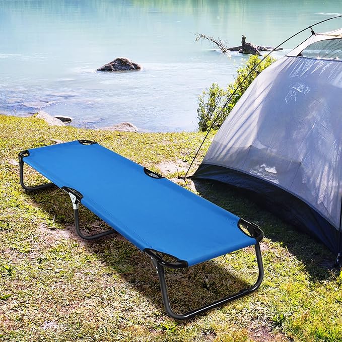 Goplus Folding Camping Cot Heavy Duty Collapsible Foldable Camping Bed for Adults Kids with Non-Slip Foot Pad Indoor Outdoor Portable Sleeping Cot for Hiking Camping Fishing (Blue)