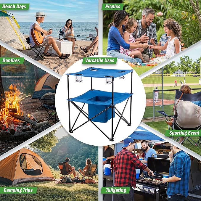 Wakeman Folding Camping Table - Small Folding Table Portable Outdoor Lightweight Tabletop with 4 Cupholders Food Basket and Travel Bag for Camp Beach or Tailgating Essentials Outdoors (Blue)