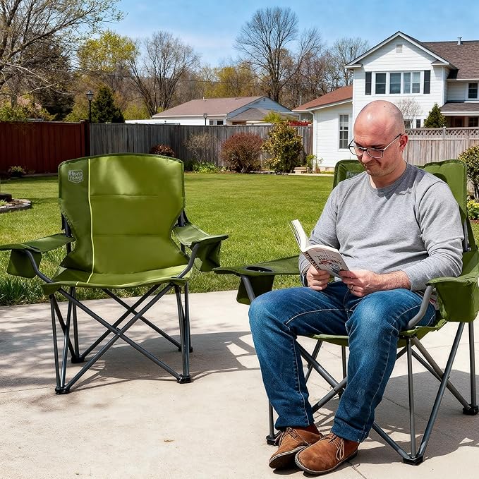 TIMBER RIDGE Oversized Folding Camping Chair for Adults Support 550 LBS Heavy Duty with Cup Holder Side Pocket for Camp Lawn Picnic Green 2 Pack