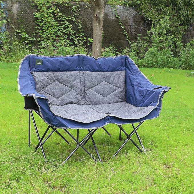 Northroad Folding Loveseat Camping Chair Portable Double Duo Full Padded Garden Chair for 2 Person Sofa w/2 Cup HolderWine Glass HolderSupport 600lbs for Picnic Beach Travel (Blue)