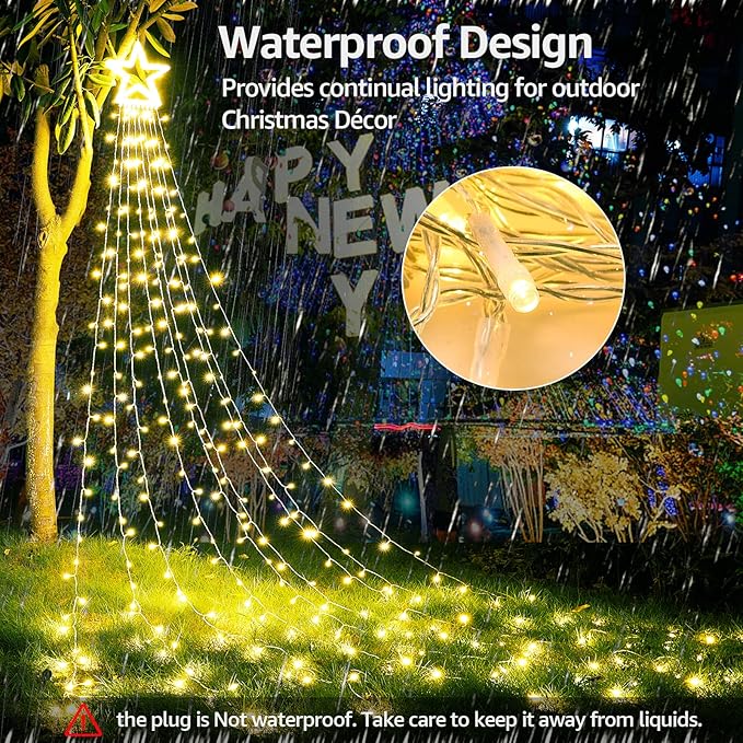 BlcTec Outdoor Christmas Decorations 317 LED Christmas Lights with 9 Strands 11.9ft Waterfall Christmas Tree Lights 8 Modes Waterproof Topper Star &amp Timer for Yard Patio Xmas Décor Warm White