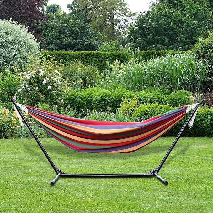 Double Hammock with StandBasics Double Hammock with Space Saving Metal Stand Indoor Hammock Stand with Carrying Bag Strong Load-BearingSuit for Outside Indoor Yard Camping Red
