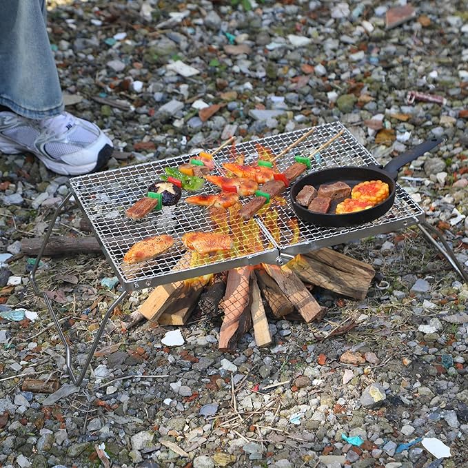 REDCAMP 17 Large Folding Campfire Grill with Mesh 304 Stainless Steel Grate Heavy Duty Portable Camping Grill with Carrying Bag for Outdoor Cooking BBQ