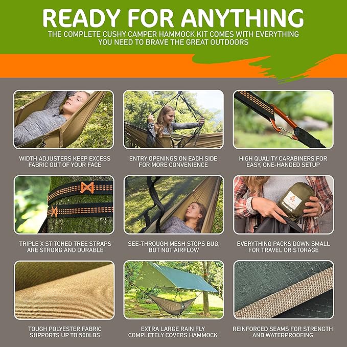 Premium Hammock with Rain Fly Bug Net Tree Straps and Dry Bag - Complete Camping Hammock System with Mesh Bug Net - Outdoor Combo Kit with Rainfly Bundle for Backpacking…