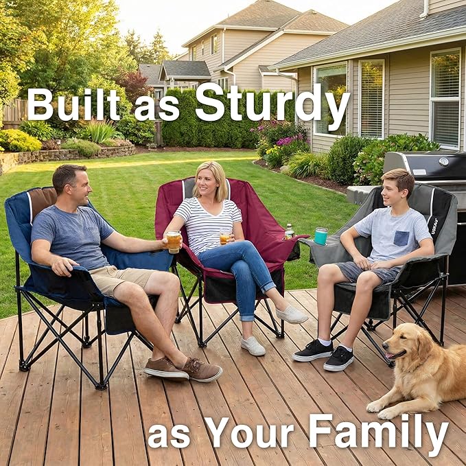 Oversized Camping Chair for Adults - Heavy Duty 400 lbs Padded Folding Chair with Wine Glass Holder 2 Cup Holders &amp Side Pockets Portable Carry Bag for RV Tailgating Lawn