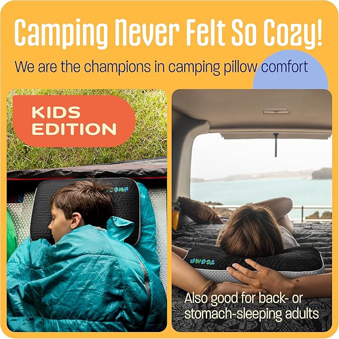 Kids Camping Pillow: Dual-Cover Memory Foam Small Pillow Medium-Firm Camp Pillow | Mini Pillow w/ 5 Layers for Comfort and Support Small Travel Pillow/Compact Pillow 10x16 Inches (Black)