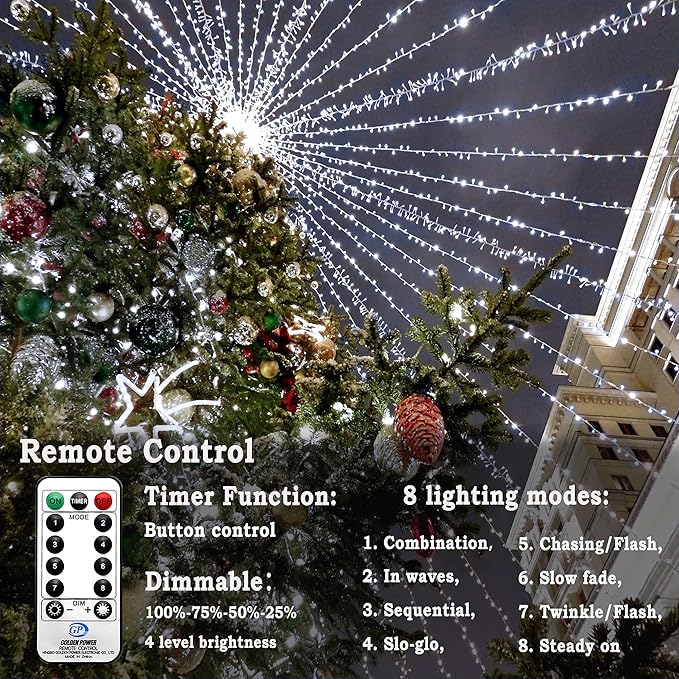 KNONEW 403FT 1000 LED Christmas Lights Outdoor String Light 8 Modes &amp Timer Fairy Lighting Plug in Waterproof for Xmas Yard Tree Wedding Party Holiday Decorations (Cool White)