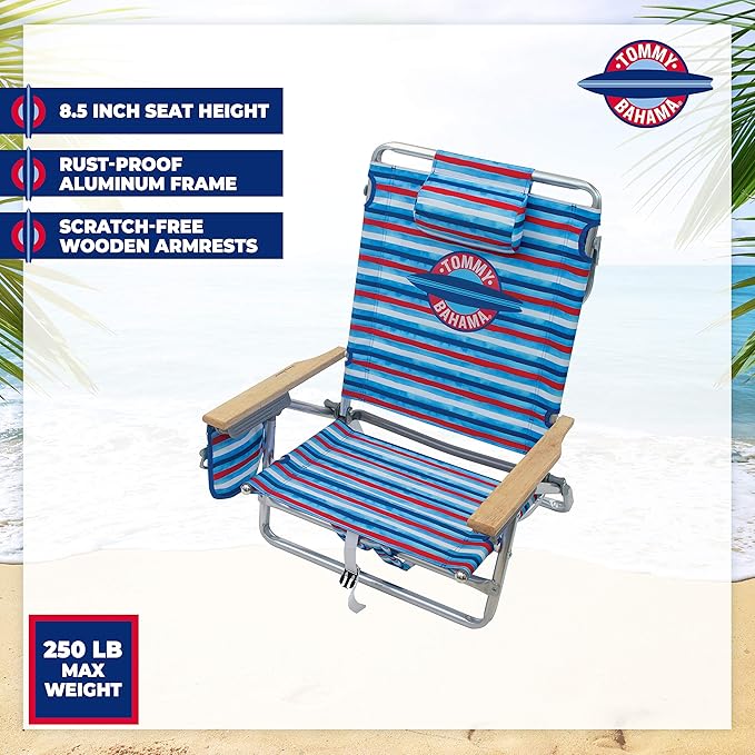 Tommy Bahama 5-Position Classic Lay Flat Folding Backpack Beach Chair Aluminum Red White and Blue Stripe
