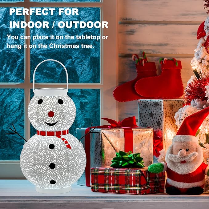 Christmas Decorations Snowman Solar Lantern - Snowman Solar Hanging Lantern Outdoor Waterproof -Metal Standing Solar Powered LED Lantern Decorative Lights for Outside Garden Yard Porch - White