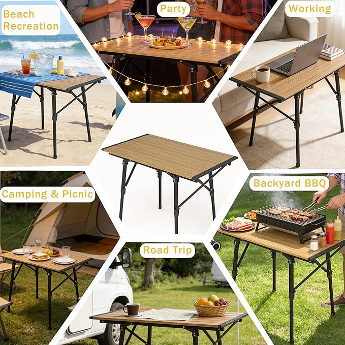 Lightweight Aluminum Alloy Folding Camping Table Adjustable Height Portable Roll-Up Picnic Table for 2-6 Person Outdoor &amp Indoor Use for Camping Beach BBQ Backyard with Carry Bag