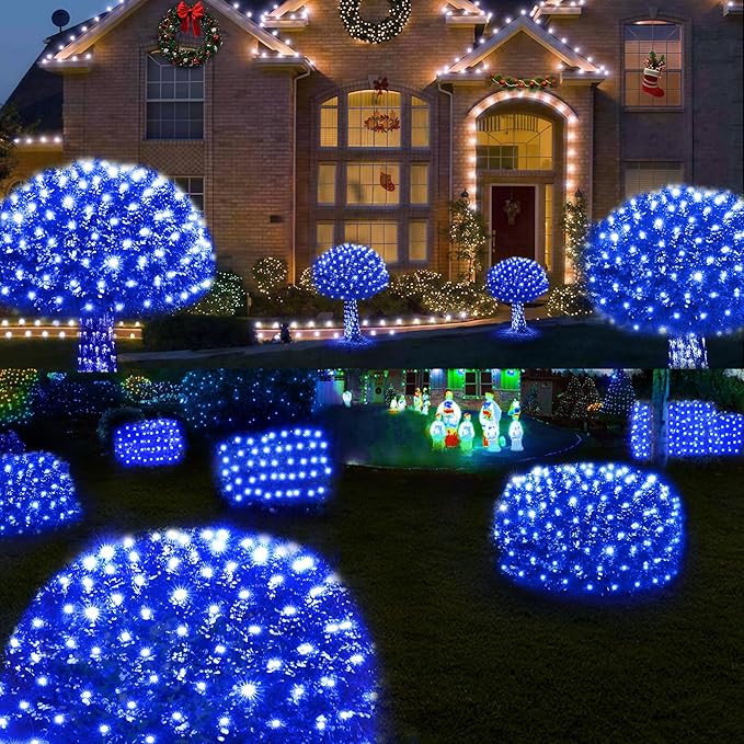 WBao Christmas Net Lights 360LED 11.5ft x 6.9ft Christmas Lights with 8 Modes Timer End to End Connectable Waterproof Design for Lawn Bushes Trees Outdoor Xmas Decorations Blue