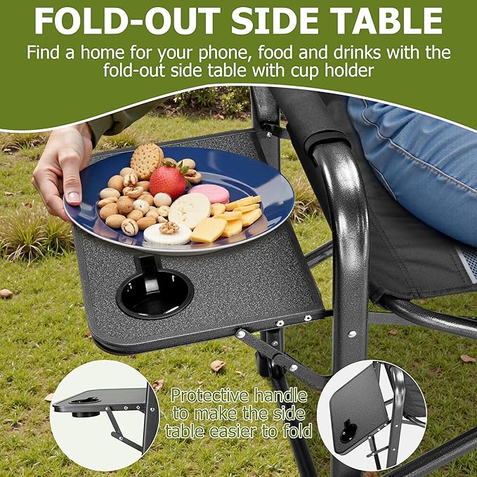Camping Directors Chairs for Adults Heavy Duty with Table and Cooler Bag Oversized Portable Folding Chair for Beach Fishing Trip Picnic(Breathable Comfort Cushion Black)