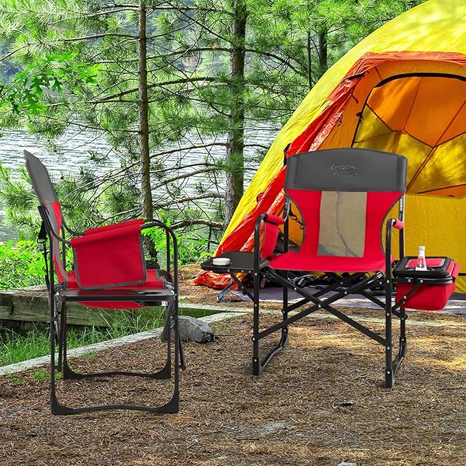 COSTWAY Folding Camping Chair Heavy-Duty Director Chair Supports 400lbs for Adults with Side Table Cooler Bag Storage Strap Portable Makeup Chair Suitable for Fishing Picnic