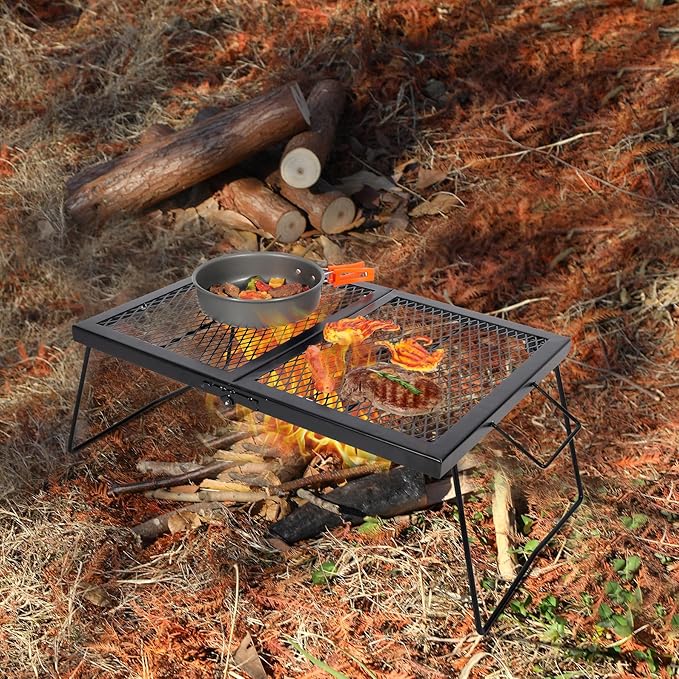 REDCAMP Folding Campfire Grill Heavy Duty Steel Grate Portable Over Fire Camp Grill for Outdoor Open Flame Cooking Large