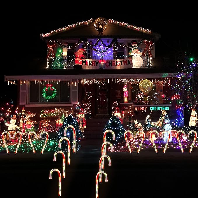 10 Christmas Candy Cane Lights - Set of 10 Pathway Markers Christmas Outdoor Yard Decorations Xmas Candy Canes Stake Lights for Lawn Walkway Garden Xmas Party Indoor Ornaments