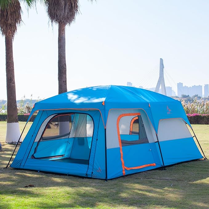 KTT Extra Large Tent 10-12-14 Person(Style-B)Family Cabin Tents2 Rooms3 Doors and 3 Windows with MeshStraight WallWaterproofDouble LayerBig Tent for OutdoorPicnicCampingFamily Gathering