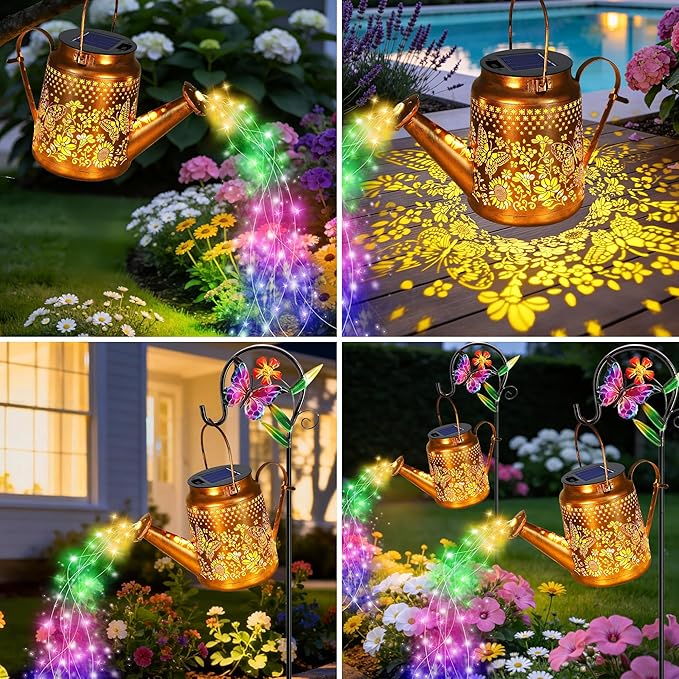 ANGMLN Butterfly Solar Lights Outdoor Waterproof Birthday Gifts for Mom Grandma Women Solar Watering Can Lights with Shepherd Hook Metal Hanging Lantern Garden Decor Yard Outside Patio Lawn