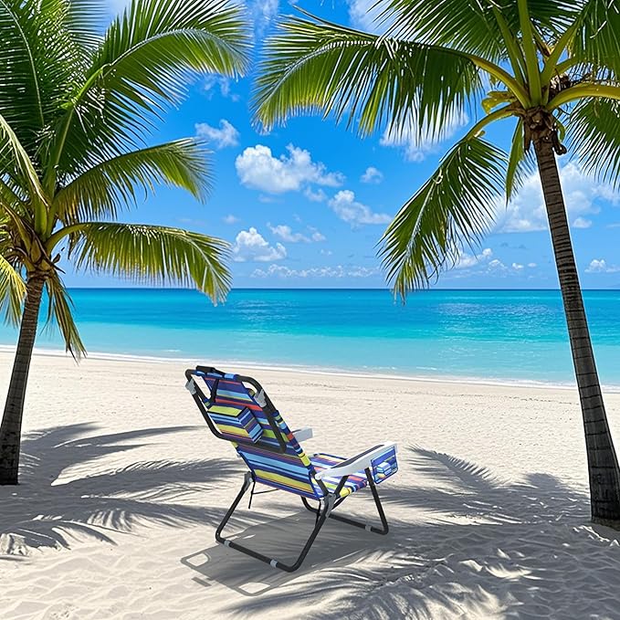 Outdoor Beach Foldable Chaise Lounge Chair with Detachable Pillow &amp Pocket Portable Tanning Chair with 5 Position Adjustable Back Beach Pool and Camping Multi Color