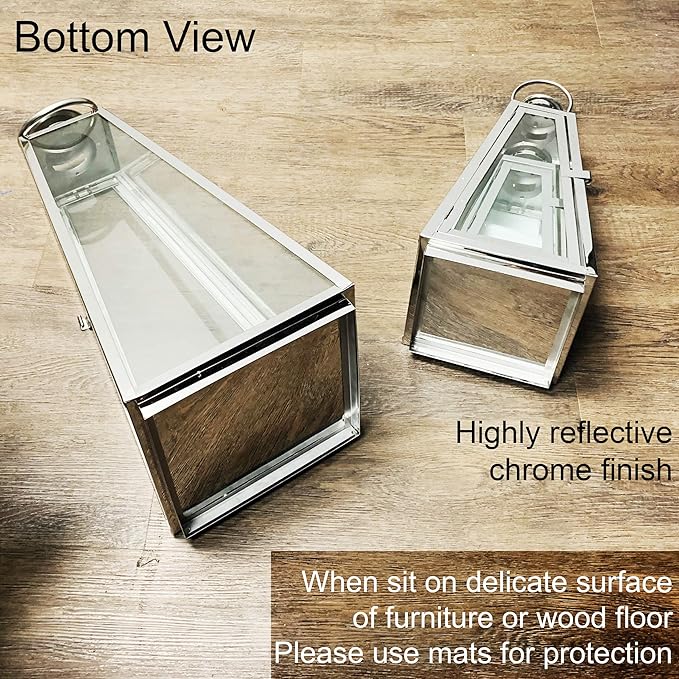 Allgala 3-PC Lantern Set 24 Inch Jumbo Deluxe Modern Indoor/Outdoor Candle Lantern Set Gold Stainless Steel Tapered Trapezoid Frame with Tempered Glass for Garden Patio Fireplace Wedding