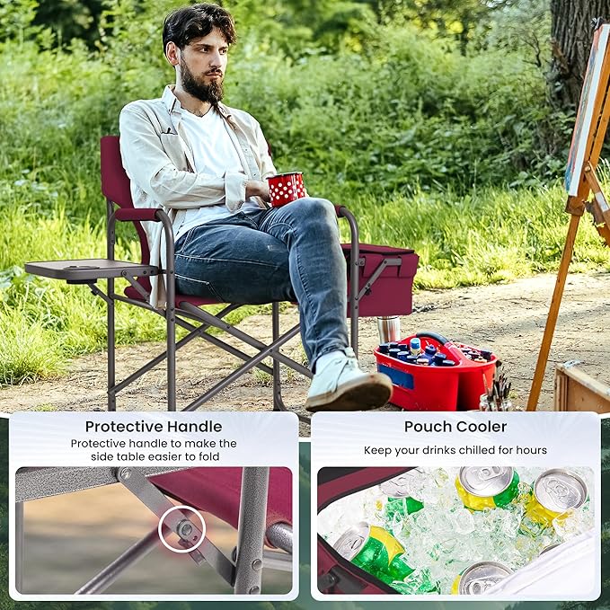 Director Camping Chair - 400lbs Heavy Duty with Cooler Bag &amp Foldable Side Tray Portable Outdoor Lawn Chair for Backyard/Fishing/Beach (Wine Red)