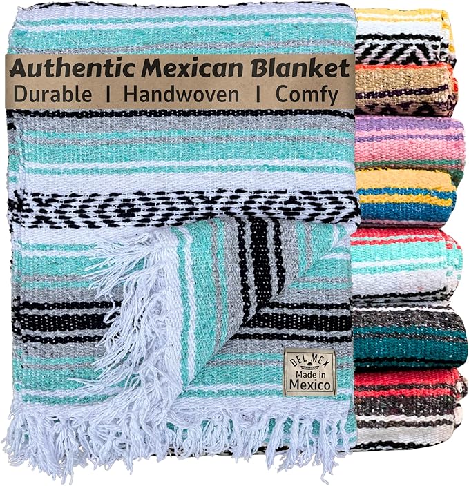 Del Mex Classic Mexican Blanket Large Authentic Woven Falsa Throw (70x50) Artisan Southwest Décor for Beach Yoga Outdoors (Mint/Gray)