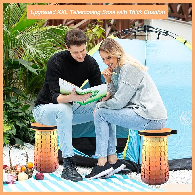 ALEVMOOM Upgraded XXL 19.7 Collapsible Stool with Cushion Heavy Duty Portable Folding Stool Max Load 1000 lbs Retractable Telescoping Foldable Seat Chair for Camping Fishing Travel