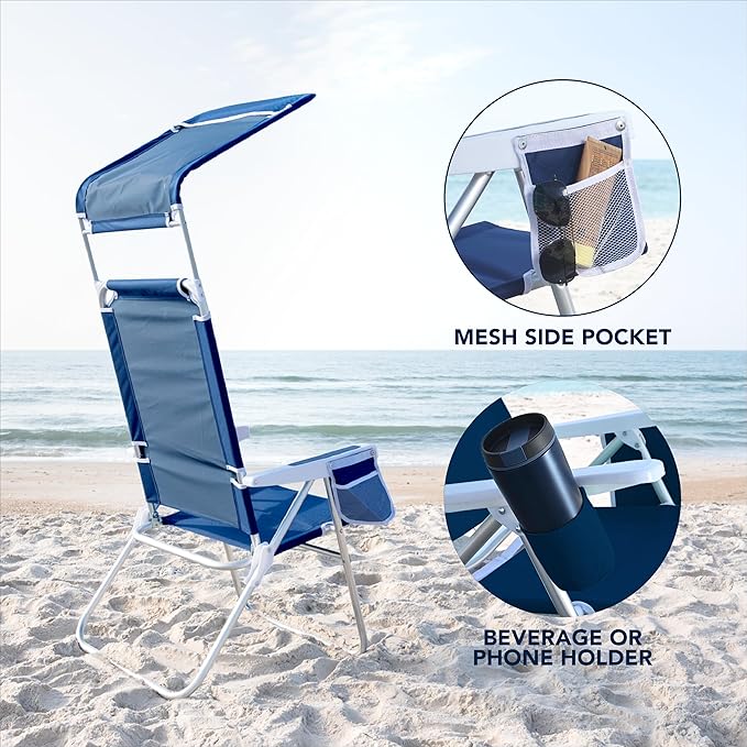 Caribbean Joe Folding Beach Chair 1 Position High Back Outdoor Camping Chair with Canopy Lightweight and Portable