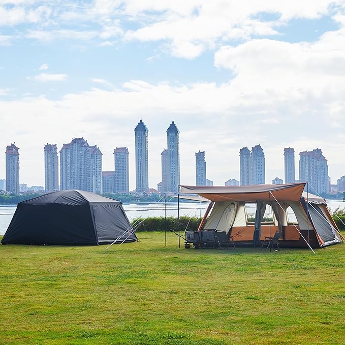 KTT Extra Large Tent 12 PersonFamily Cabin TentsAwning2 Rooms4 Doors and 4 Windows with MeshStraight WallWaterproofDouble LayerBig Tent for OutdoorPicnicCampingFamily Gathering