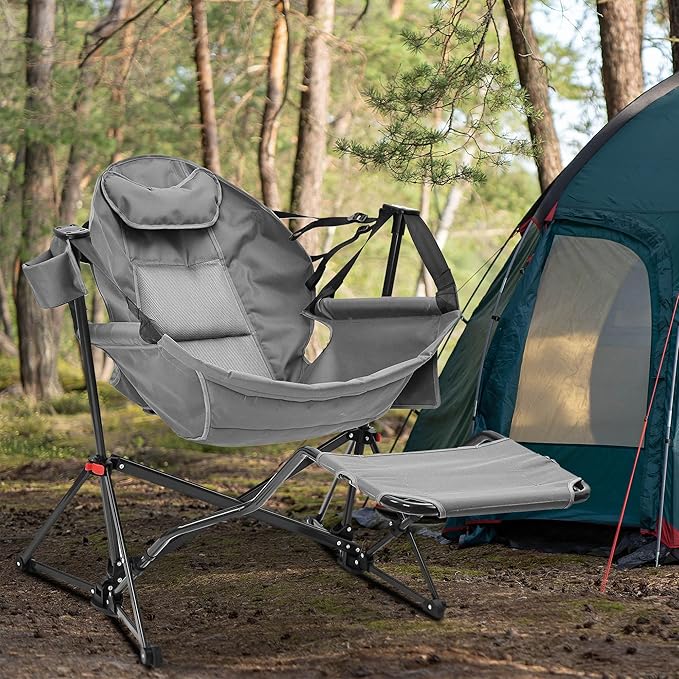 Ainfox Hammock Camping Chair with Footrest Foldable Portable Rocking Chairs for Adults Outside Swinging Camp with Cup Holder Pillow for Outdoor Patio Poolside (Grey)