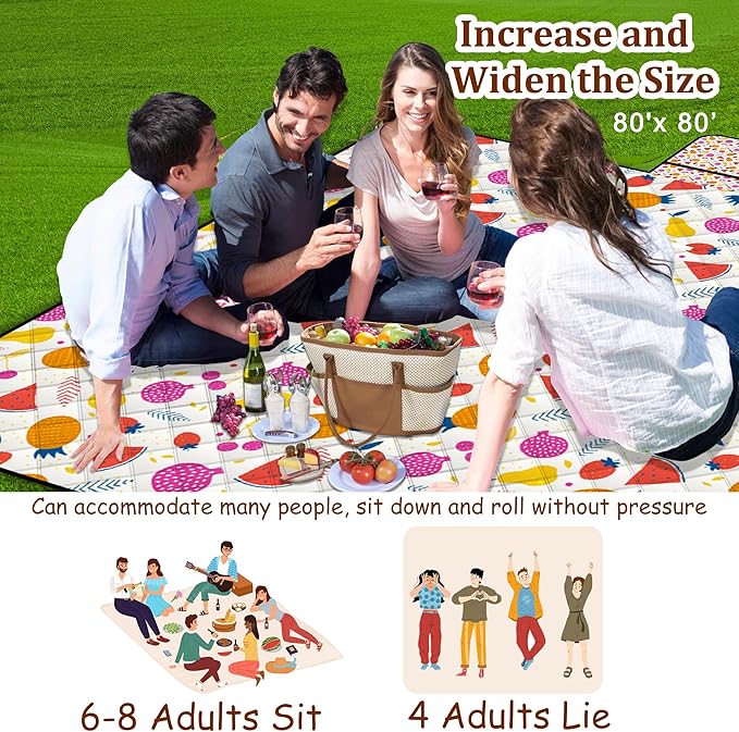 Poedist Extra Large Picnic Blanket Waterproof80x 80Foldable Machine Washable Beach BlanketOutdoor Blanket for 6-8 AdultsSuitable for Indoor CrawlingPark BeachCampingHikingFamily Travel(Fruit