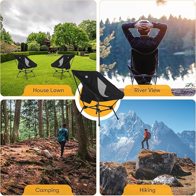 D-LO Ultralight Camping Chair - Black - Upgraded Dual Pocket - High Strength 600D Oxford Fabric - 7075 Aluminum Alloy - Great for Camping Hiking Lounging