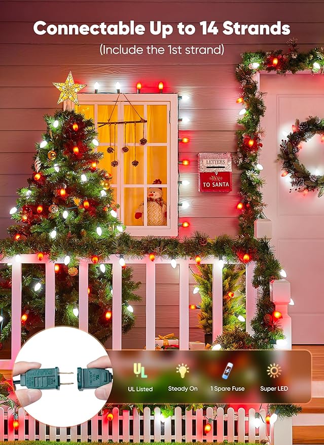 C9 LED Christmas Lights Outdoor 50 Feet String with 50 Shatterproof Matte Bulbs Connectable Waterproof Tree Lights for Holiday Roofline Backyard Garden Decor Red &amp Pure White