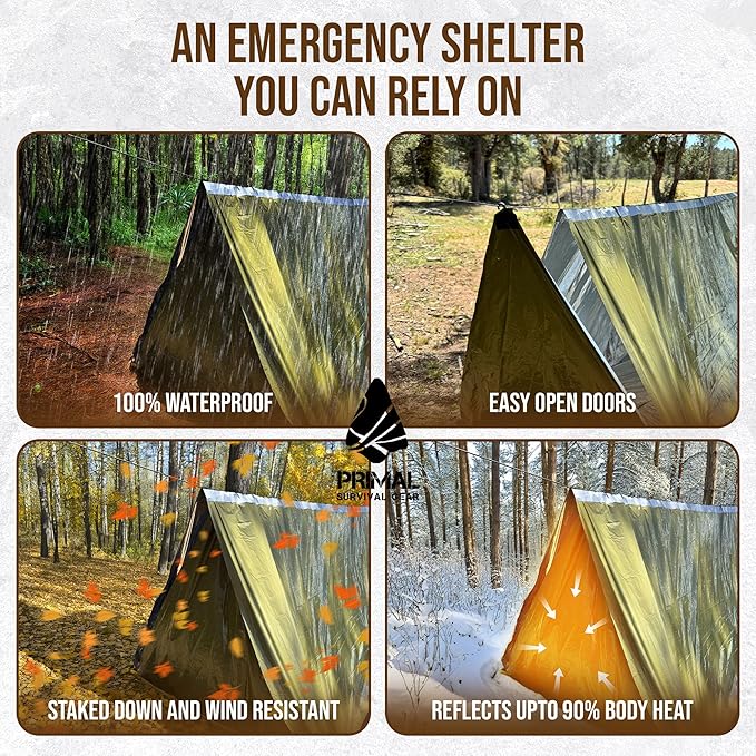Orange Polyester Survival Tent with Doors - Compact Durable All-Season Shelter for Camping Hiking and Emergency Preparedness