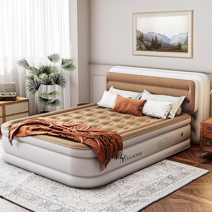 YITAHOME 18'' Flocked Top Queen Air Mattress with Pump and Banded Headboard Durable Inflatable Bed Blow-Up Mattress for Indoor and Outdoor Use Brown