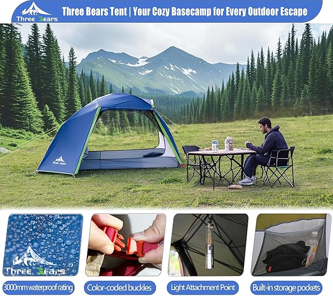 ThreeBears 4-Person Backpacking Tent Shelter 3000mm Waterproof Easy Setup Spacious for Family Outdoor Adventures Hiking and Camping Trips