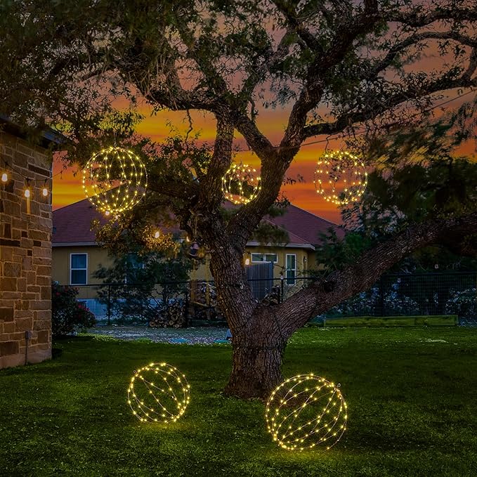 LIGHTSHARE 248LED 12IN+16IN+20IN Light Ball Yard Decoration Pathway Lights Brown Sphere Light Fold Flat Metal Frame Indoor Outdoor Waterproof Garden Lights Plug in(Set of 3)