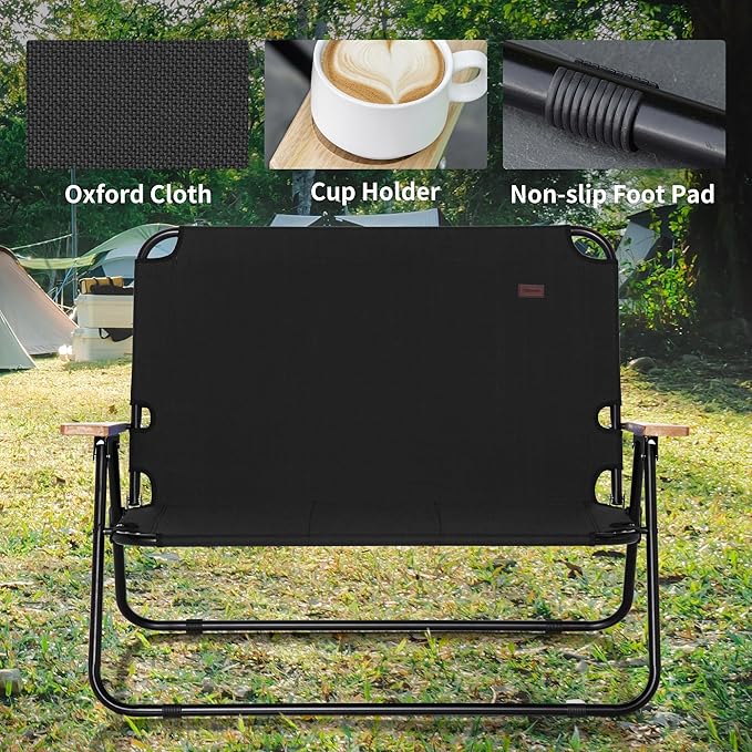 Double Folding Camping Chair Loveseat for 2 Adults Portable Camping Couch with Wood Armrest Cupholders for Backpacking Beach Sports Travel Black