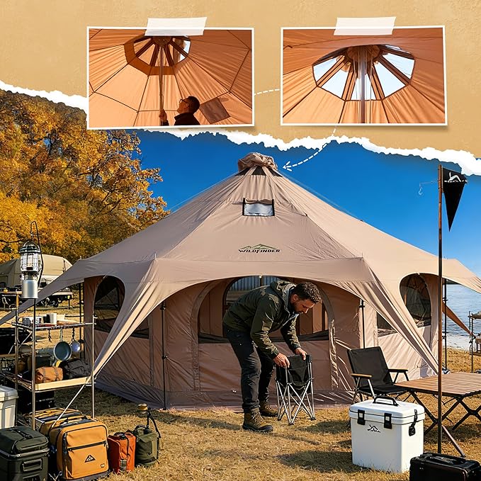 16.5ft Canvas Bell Tent Large Yurt Tent with Stove Jack for Camping &amp Glamping 55 High Walls Maximum Space Waterproof 4 Season Hot Tent with 8 Mesh Windows &amp Removable Floor