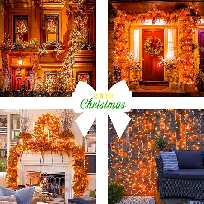 JMEXSUSS 33ft 100 LED Orange Christmas Lights Battery Operated Christmas Lights Orange String Lights with Remote Indoor Outdoor Waterproof for Fall Xmas Decorations (Pack of 2)