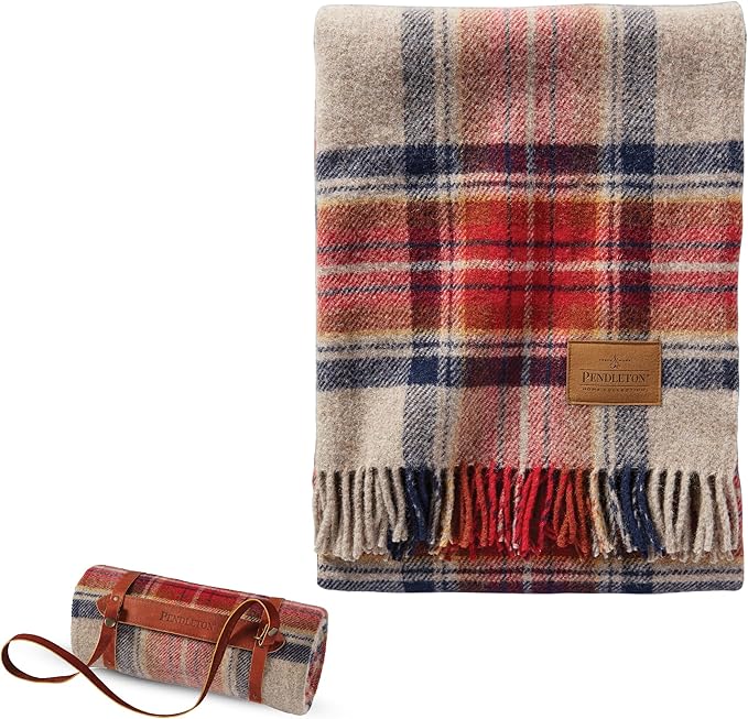 Pendleton Camping Blanket Motor Robe with Leather Strap Carrier - Virgin Wool Backpacking Blanket for Warmth and Comfort Outdoor Adventures Travel Picnics and Cozy Home Comfort