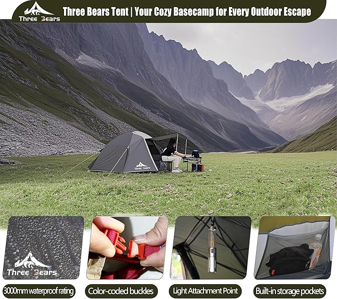 ThreeBears 2-Person Camping Tent Waterproof &amp Windproof Lightweight Backpacking Tent for Hiking Camping Mountaineering &amp Travel - Durable &amp Easy Setup