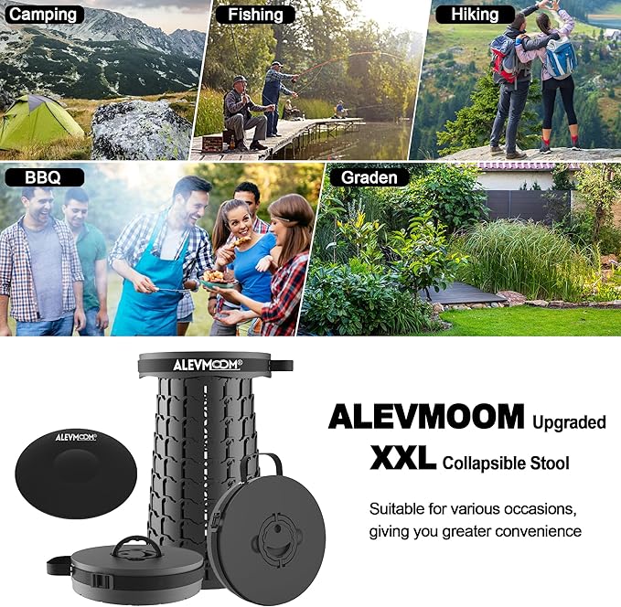 ALEVMOOM Upgraded 19.7 XXL Collapsible Stool with Cushion Portable Telescoping Stool Capacity 1000lbs Heavy Duty Retractable Folding Chair for Adults for Camping Fishing Hiking BBQ