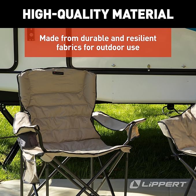 Lippert Campfire Deluxe Folding Chair - Sand High-Loft Foldable Cushion Chair Dual Cup Holders Power Coated Steel Frame Durable 600D Outdoor Polyester Fabric 500 lb. Capacity 2022114819