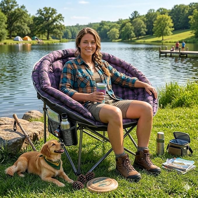 Oversized XXL Folding Round Camping ChairsComfy Padded Moon Camp ChairsHeavy Duty Supports 440 Lbs Outdoor Lawn Chairs for AdultsPerfect for IndoorFamily HikingPicnics and GardenPurple Plaid