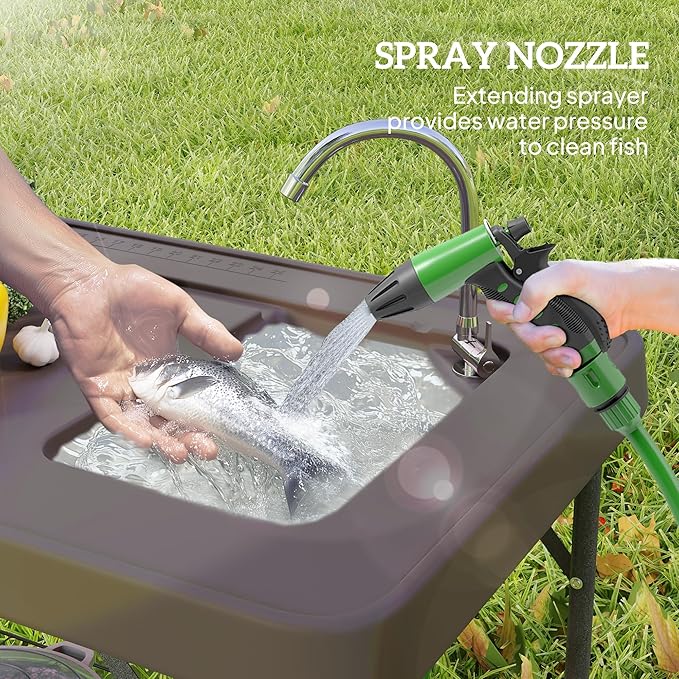 Outsunny Folding Fish Cleaning Table Portable Camping Sink Station with Faucet Drainage Hose Sprayer Grid Rack and Knife Groove Outdoor Fillet Table for Picnic Beach Patio Tan