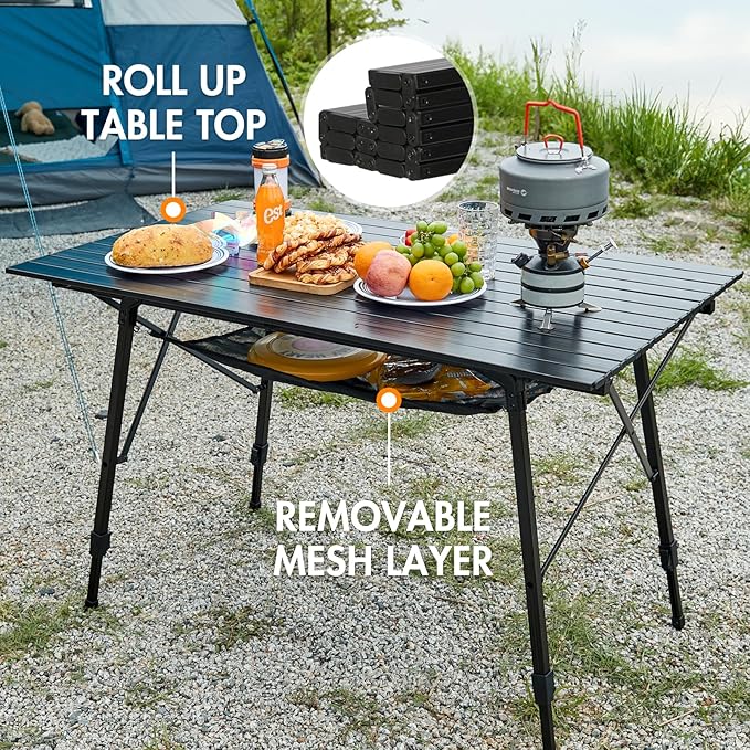 PORTAL Camping Table Portable Foldable with Adjustable Legs Aluminum Folding Table Roll Up Table with Carrying Bag for Outdoor Beach Picnic Backyards BBQ and Party Black Big