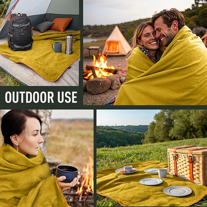 Large Military Wool Blanket - Warm &amp Thick Emergency Survival Blanket Great for Camping Outdoors Sports Events Picnics 4.5 lbs 64 x 88 (Ochre Yellow)