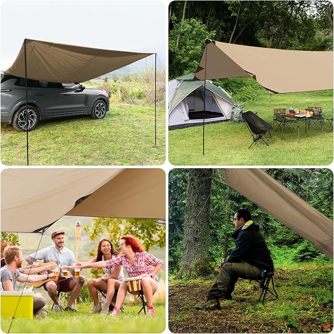 Bessport Camping Tarp 16×9.8FT with 2 Poles Portable Multifunctional Backpacking PU 3000mm Waterproof Rain Fly Hammock Tarp for OutdoorTraveling Hilking